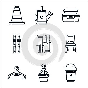 plastic products line icons. linear set. quality vector line set such as take away, plant pot, clothes hanger, chair, wall plug,