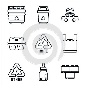plastic products line icons. linear set. quality vector line set such as toy, baby bottle, recycle, plastic bag, recycle, egg