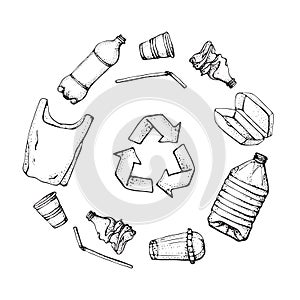Plastic products recycling. Hand drawn doodle plastic pollution icons set. Vector illustration sketchy symbols