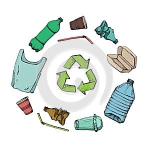 Plastic products recycling. Hand drawn doodle plastic pollution icons set. Vector illustration sketchy symbols