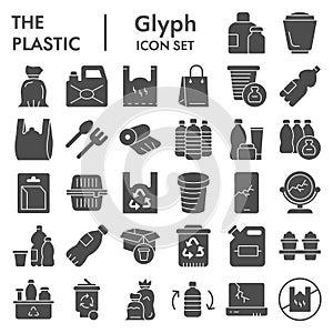 Plastic products solid icon set. Zero waste collection, vector sketches, logo illustrations, web symbols, glyph style