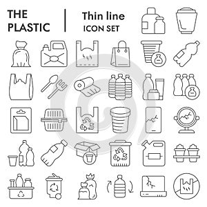 Plastic products thin line icon set. Zero waste collection, vector sketches, logo illustrations, web symbols, outline