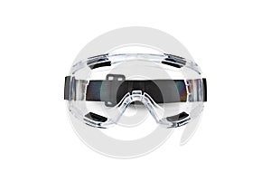 Plastic protective glasses isolated on a white background. Close up full face goggles.