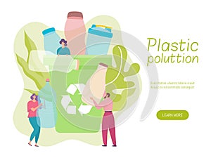 Plastic recycle vector illustrations, cartoon tiny flat woman man volunteer characters throwing used bottle waste into