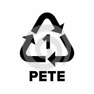 Plastic recycling code applied to packaging (PET, PETE).