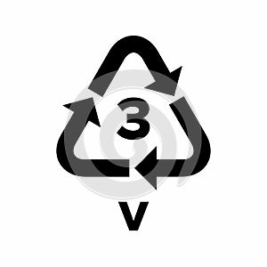 Plastic recycling code applied to packaging (PVC, V).