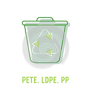 Plastic Recycling Codes PETE, LDPE and PP Icon with Litter Bin and Rotating Arrows Sign. Environmental Conservation