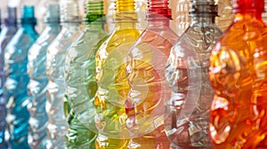 Plastic recycling. Empty colored plastic bottle for water or drinks, detail