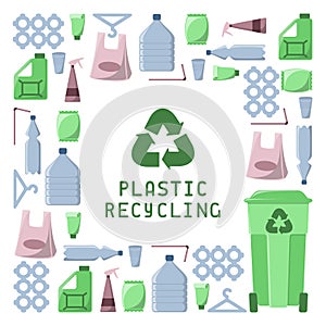 Plastic recycling illustration with garbage, dustbin and inscription