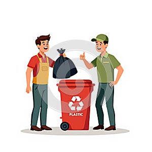 Plastic recycling program vector illustration with workers and recycle bin for eco friendly concept