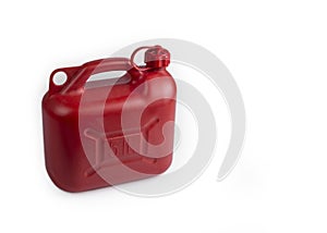 Plastic red 5 liter gas canister on a white