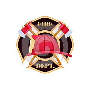 Plastic red fire helmet, fighting fire. Fire dept logo icon. photo