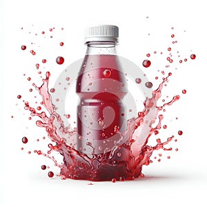 plastic red grappe juice bottle with grappe juice splash isolated on white background