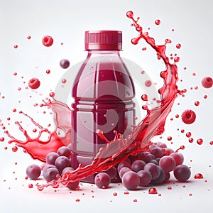 plastic red grappe juice bottle with grappe juice splash isolated on white background