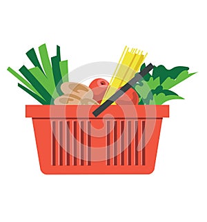 Plastic red shopping basket with grocery products, fresh fruit and vegetables, healthy organic food, isolated on white