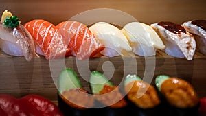 Plastic replicas of sushi graces the establishment, artfully presented sampuru