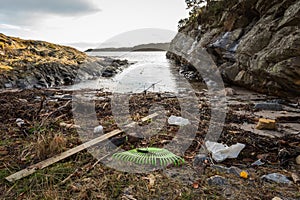 Plastic rubbish on beach in Kristiansand, Norway