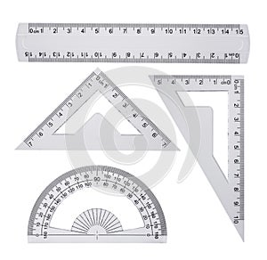Plastic ruler, protractor triangle isolated on white background