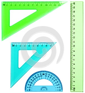 Plastic ruler, protractor, triangle, isolated on white background