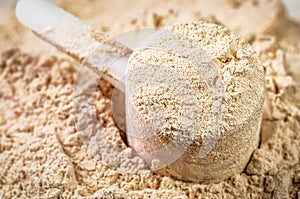 Plastic scoop full of protein powder