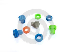 Plastic Nuts and Bolts printed by 3D Printer on White