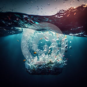 Plastic in the sea, plastic waste under water,