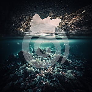 Plastic in the sea, plastic waste under water, photo