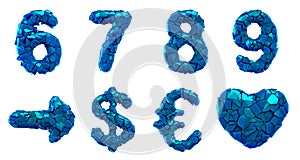 Plastic set numbers 6, 7, 8, 9 and symbol arrow, dollar, euro, heart made of 3d render plastic shards blue color.