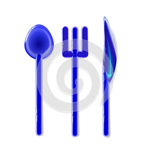 Plastic Set Toy realistic tablewares rounded, blue glossy. Isolated on light background. Fun element childish design. Baby food,