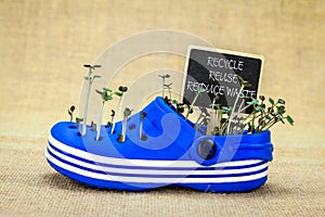 Plastic shoe reused to grow seedling, recycle, reused reduce waste chalkboard sign photo