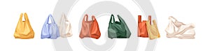 Plastic shopping bags set. Empty disposable packages for supermarket and garbage. Used and new polythene packs, packets