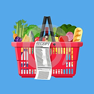 Plastic shopping basket full of groceries products