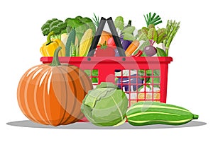 Plastic shopping basket full of vegetables.