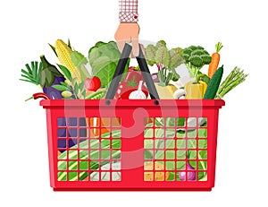 Plastic shopping basket full of vegetables in hand