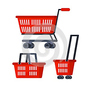 Plastic shopping cart on white background. Supermarket basket. Hypermarket product carry photo