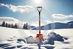 plastic shovel on white snow.