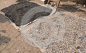 Plastic shreds being dried for recycling