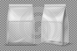 Plastic snack bag. Transparent food blank sachet. 3d vector package isolated mockup