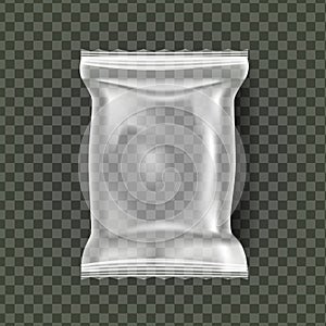 Plastic Snack Packaging Vector. Transparent Pillow Bag Wrap. Empty Product Polyethylene Mock Up Template. Nylon Doy Pack