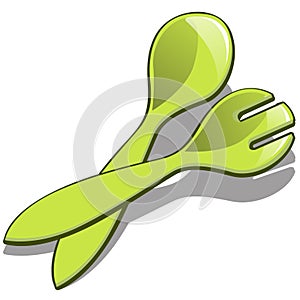 Plastic spoon and fork green color isolated on white background. Vector cartoon close-up illustration.