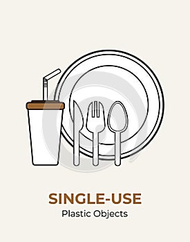 Plastic spoon, fork, knife, stirrer, straw, plate, cup. Single-use white plastic cutlery  illustration set. Food plastic