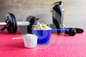 Plastic spoon or measuring scoop of whey protein and BCAA