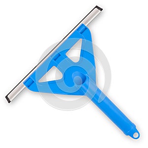 Plastic squeegee with blue handle isolated on white background with clipping path. Household object for window cleaning. Useful