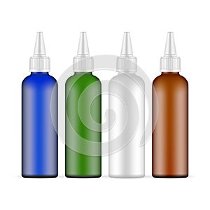 Plastic Squeeze Bottles With Twist-Open Dispensing Cap, Blue, Green, Brown, White Mockup
