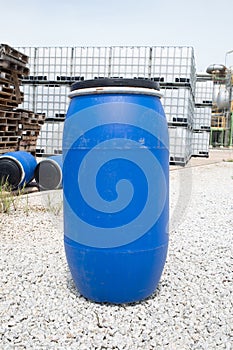 Plastic Storage Drums, Blue Barrels.