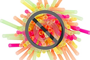 Plastic Straw Ban message with multi colored plastic straws