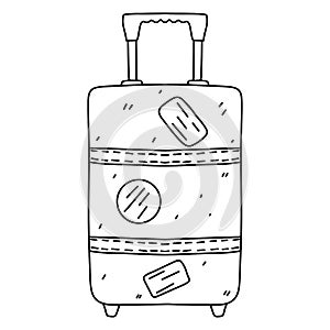 Plastic suitcase with wheels in hand drawn doodle style. Traveler luggage. Vector illustration isolated on white background