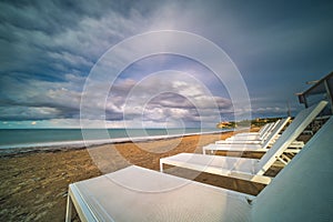 Plastic sunbeds on Tsilivi beach in Zante Island