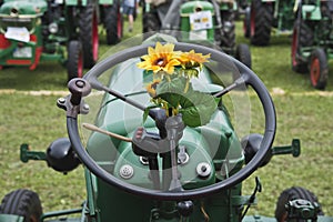 Plastic sunflower on the steering wheel of an old tractor