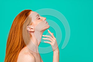 Plastic surgery advertising. Profile side view portrait of nude